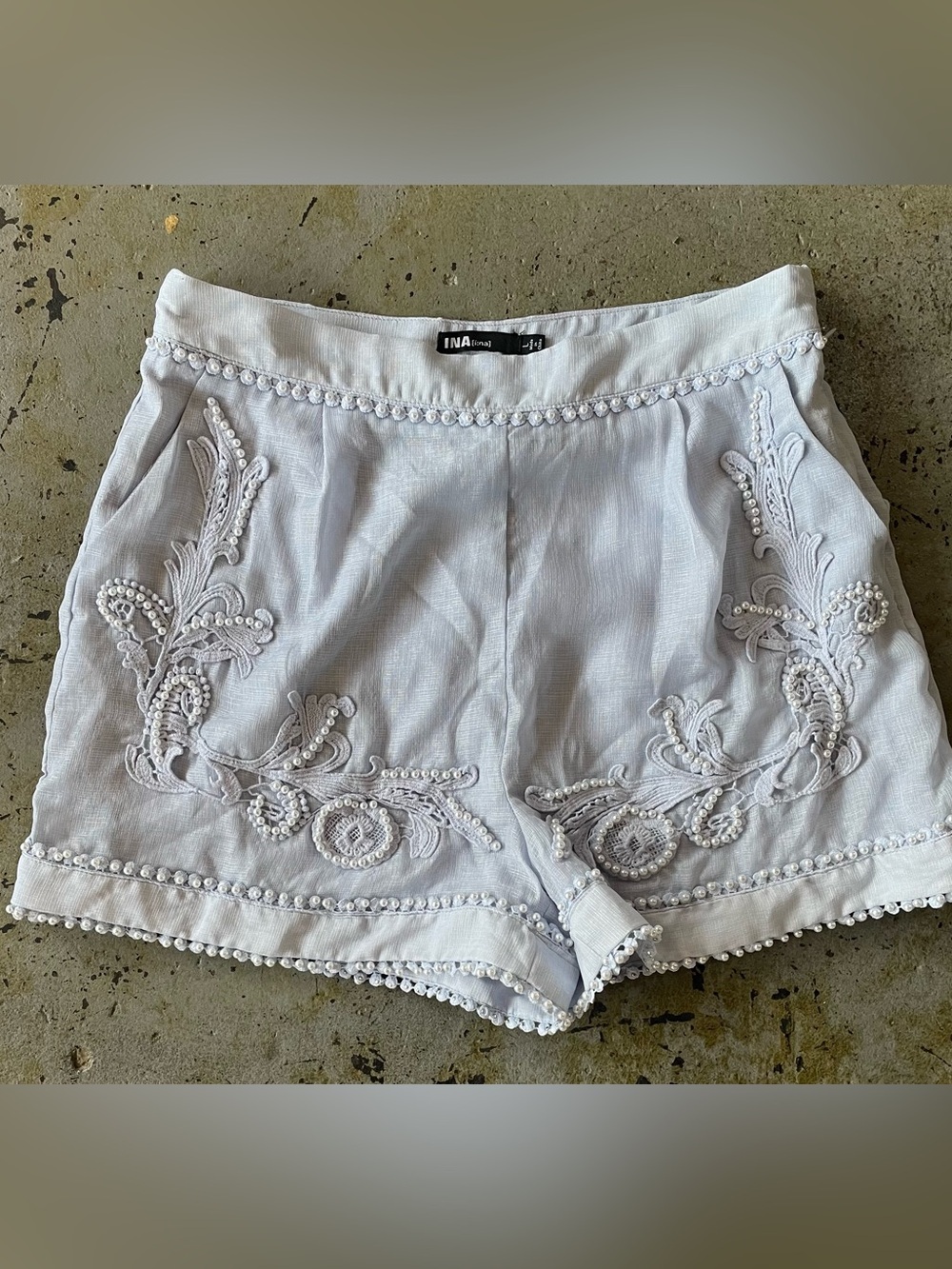Ina Ice Blue Embroidered High-Waist Shorts with Pearl Detail Size Large